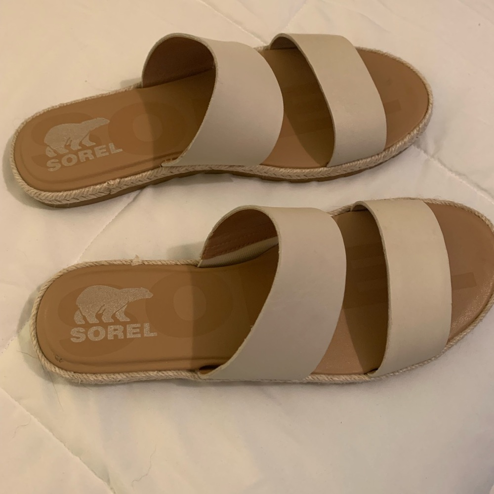 Sorel off white cream flat summer sandals size 10 raffia trim Ella